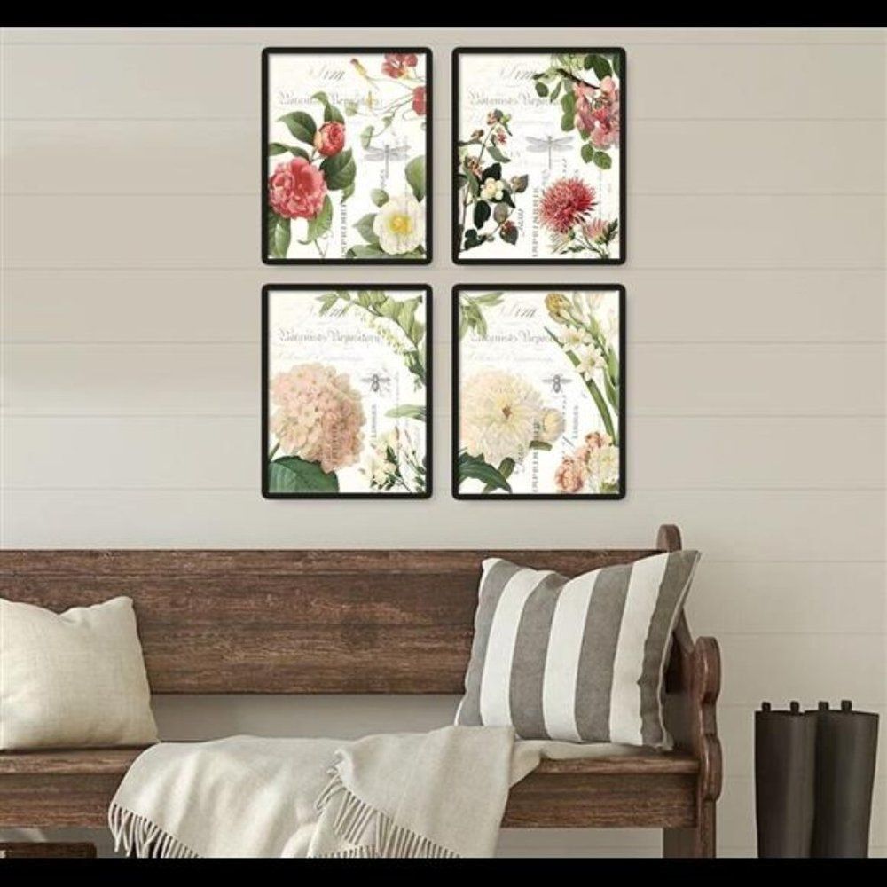 Vintage Floral Flowers Botanical Red White Wall Art Prints Set of 4